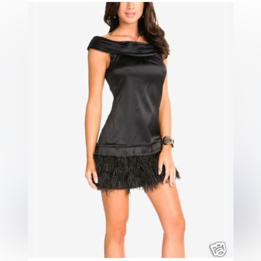 Y2K Marciano by Guess runway feather silk black dress XS